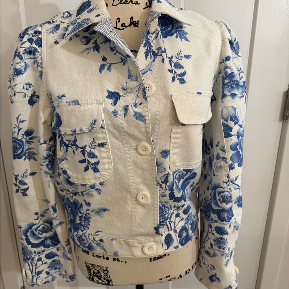 Maeve Anthropologie New Sz XS Cotton Blue White Puff Sleeve Floral Jacket New